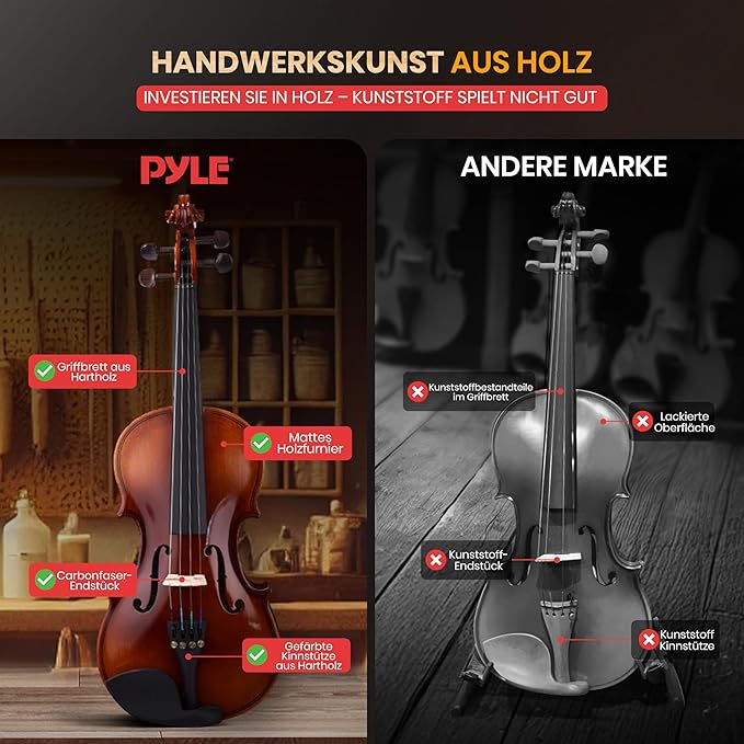 Pyle 1/4 Size Beginner Violin Starter Kit, Violin Starter Package with Travel Case & Bow, Extra Strings, Digital Tuner, Shoulder Rest & Cleaning Cloth for Students, Kids, Adults