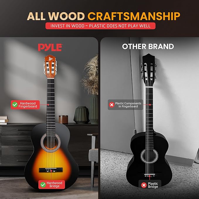 Pyle Beginner Acoustic Guitar Kit, 3/4 Junior Size All Wood Instrument for Kids, Adults, 36" Sunburst Teardrop Matte