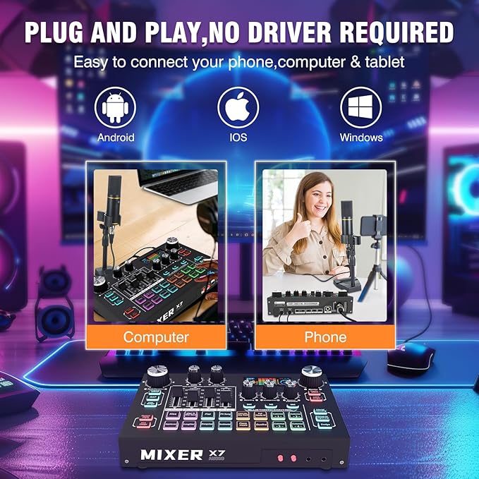 RHM Podcast Equipment Bundle with 48V Phantom Power & Condenser Microphone, 4 Customized Soundpads, 12 Preset Sound Effects, 4 Voice Changing Modes & LCD Display, for PC/Phone/Live Streaming