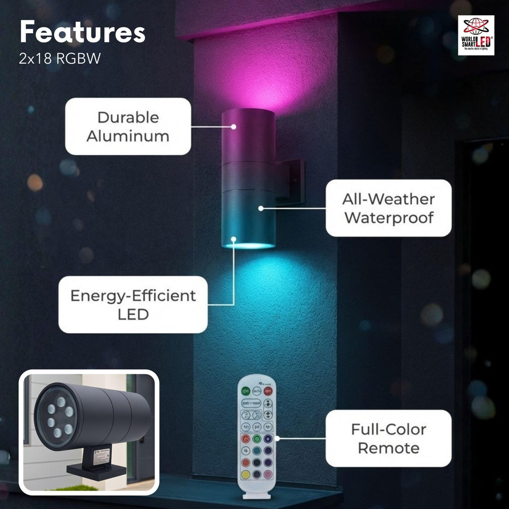 LED Up Down Light 18W RGBW 3000k | Modern Outdoor Lights for Porch Patio Light | Aluminum Cylinder and Tempered Glass Cover | Waterproof | Wall Sconce Multicolor- 2x18W RGBW (36W) Total