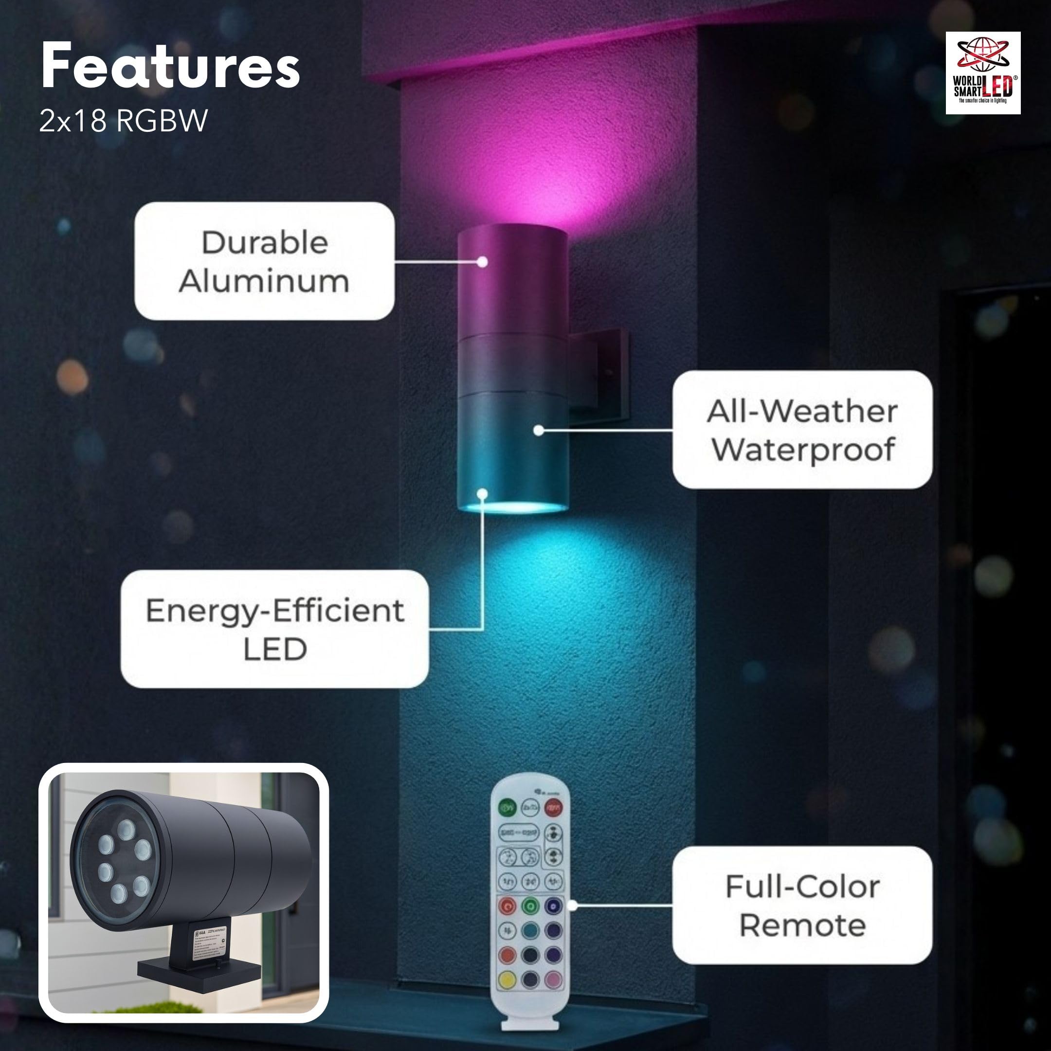 LED Up Down Light 18W RGBW 3000k | Modern Outdoor Lights for Porch Patio Light | Aluminum Cylinder and Tempered Glass Cover | Waterproof | Wall Sconce Multicolor- 2x18W RGBW (36W) Total