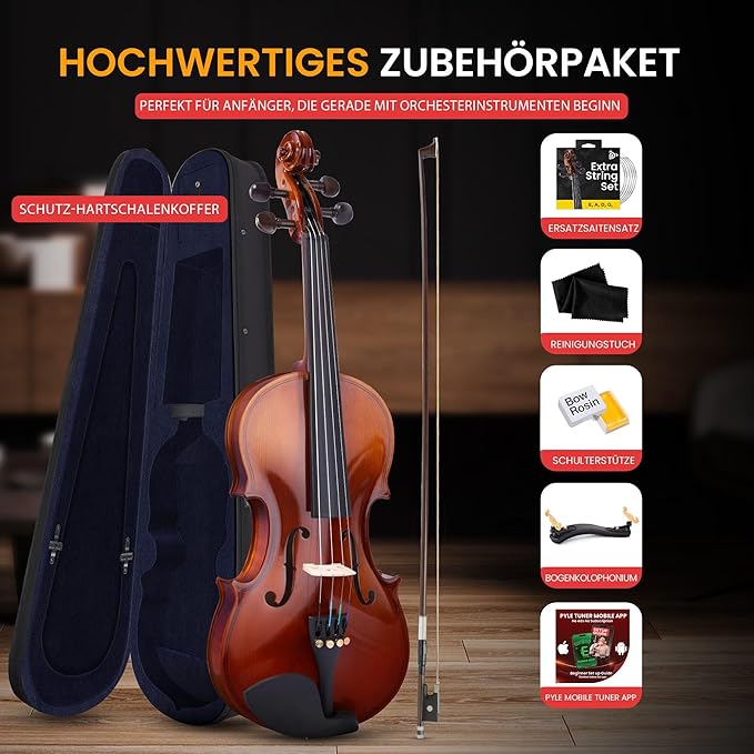 Pyle 1/4 Size Beginner Violin Starter Kit, Violin Starter Package with Travel Case & Bow, Extra Strings, Digital Tuner, Shoulder Rest & Cleaning Cloth for Students, Kids, Adults