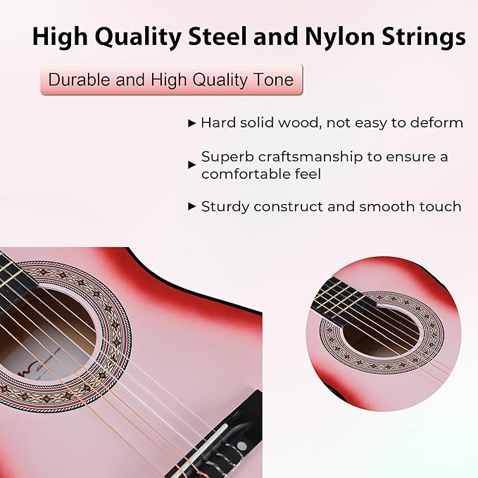 ADM Beginner Acoustic Classical Guitar 34 Inch Nylon Strings Wooden Guitar Bundle Kit for Kid Boy Girl Student Youth Guitarra Online Lessons with Gig Bag, Strap, Tuner, Strings, Picks, Pink