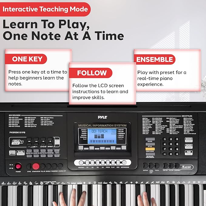 Pyle 61-Key Digital Karaoke Keyboard Piano – Portable Electronic Music Keyboard with Stand, Stool, Mic Input, Stereo Speakers, Record & Playback, Teaching Functions & Case Bag
