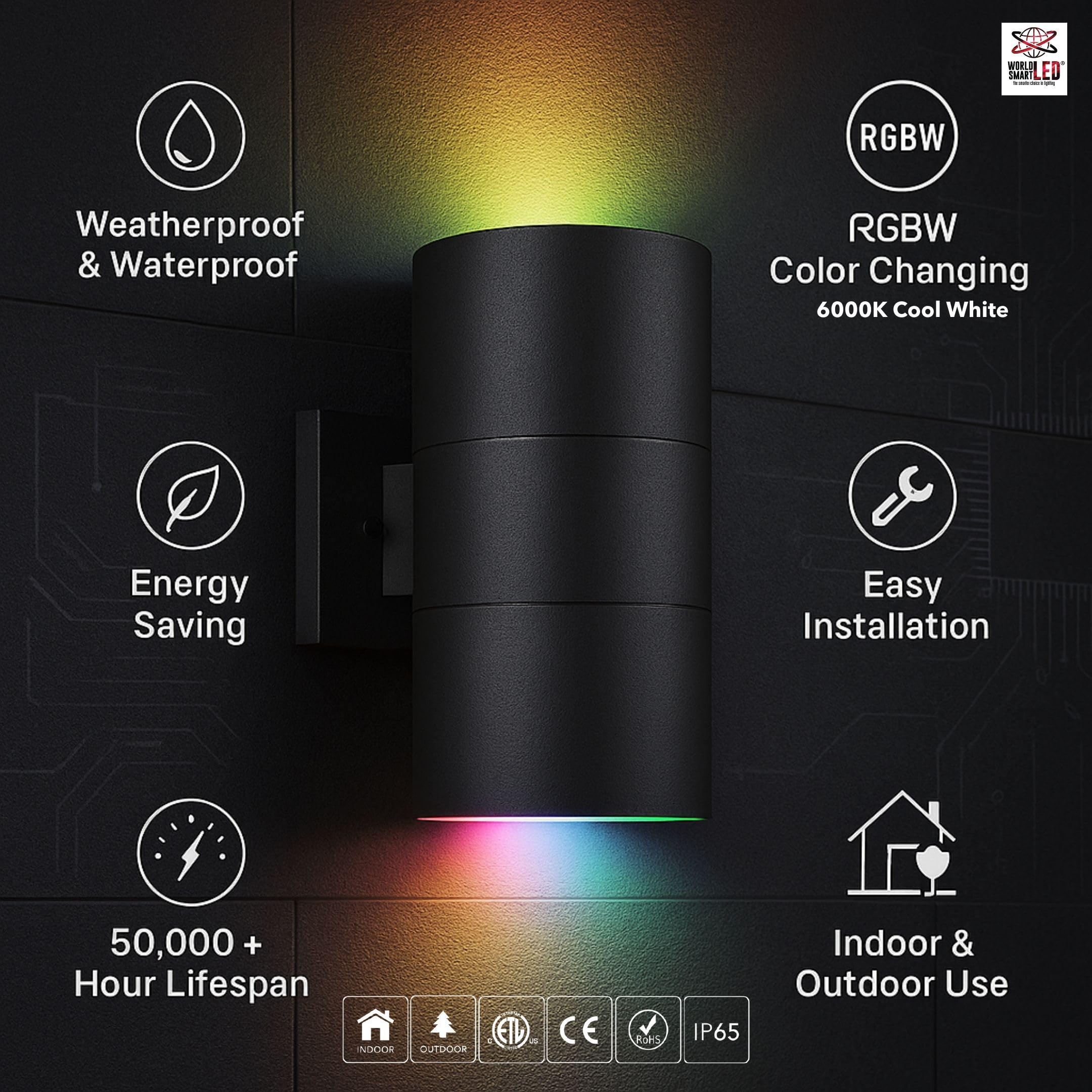 World Smart LED 24W RGBW Modern Outdoor Up Down Light - for Porch Patio Light | Aluminum Cylinder and Tempered Glass Cover | Waterproof Wall Sconce | Multicolor- 24W RGBW - 6000K Cool White