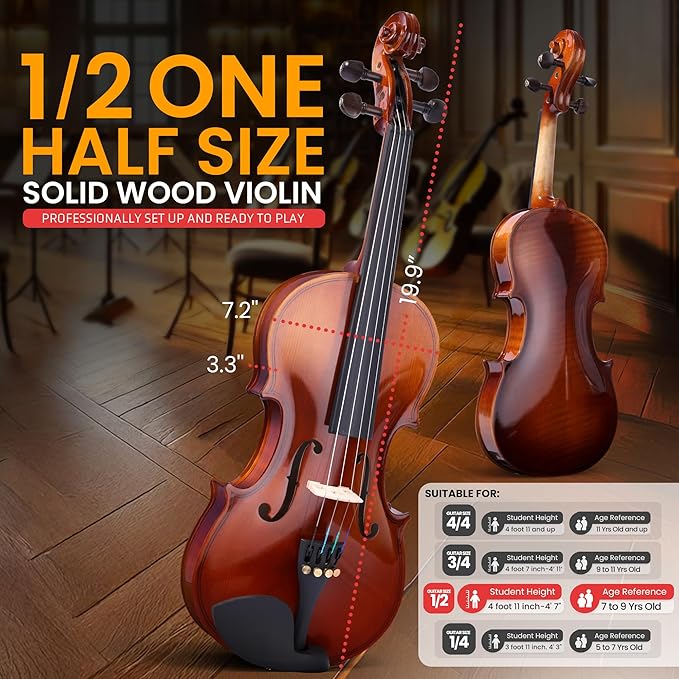 Pyle 1/2 Size Beginner Violin Starter Kit, Violin Starter Package with Travel Case & Bow, Extra Strings, Digital Tuner, Shoulder Rest & Cleaning Cloth for Students, Kids, Adults