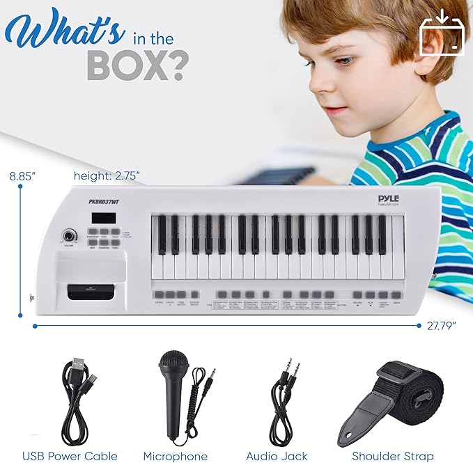 Pyle, Portable Digital Electronic Keyboard Piano 37 Keys with Microphone & Carry Strap, Built-in Sustain Controller, Rechargeable Battery-Karaoke Keyboard Compact Musical Keytar White