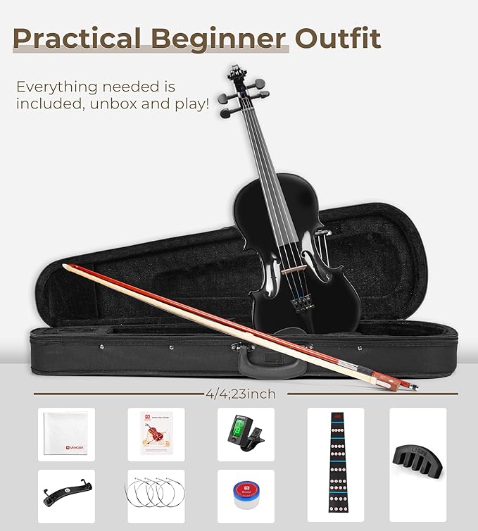 Vangoa 4/4 Full Size Beginner Violin Set, Acoustic Violin for Adults, Teens and Children over 11, Violin Beginner Set (with Hard Case, Rosin, Shoulder Rest, Bow, Spare Strings, Mutes and Black Set)