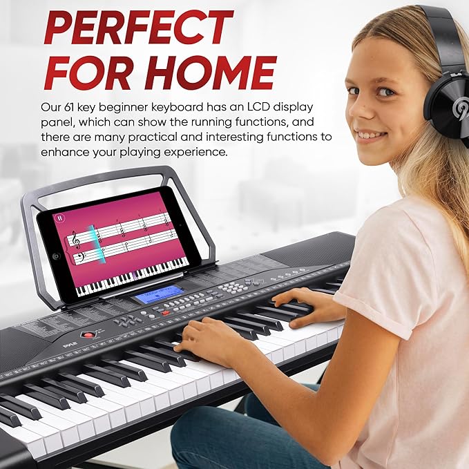 PYLE Electric Piano, Electric Keyboard Piano, Music Keyboard, 61 Keys, Bluetooth, LCD Display, Portable Design, Karaoke Function, Includes Stand, Stool, Book Rack, Headset, Perfect for Beginners