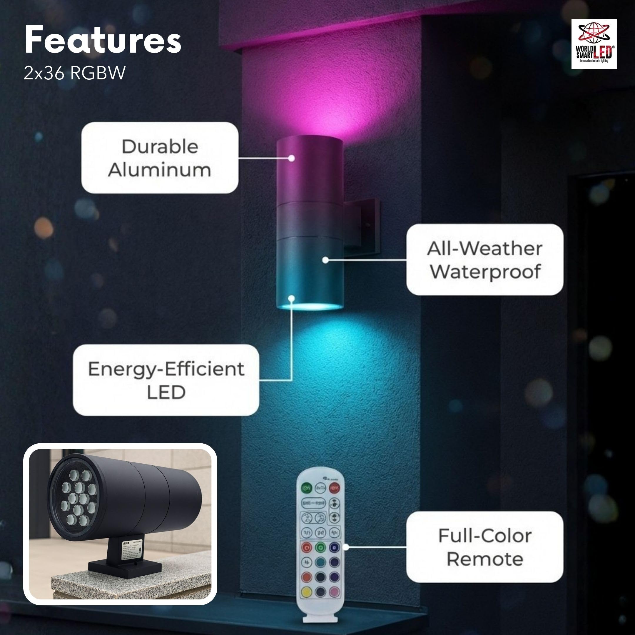 LED Up Down Light 36W RGBW 3000k | Modern Outdoor Lights for Porch Patio Light | Aluminum Cylinder and Tempered Glass Cover | Waterproof | Wall Sconce Multicolor- 2x36W RGBW (72W) Total