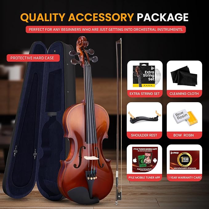Pyle 1/2 Size Beginner Violin Starter Kit, Violin Starter Package with Travel Case & Bow, Extra Strings, Digital Tuner, Shoulder Rest & Cleaning Cloth for Students, Kids, Adults