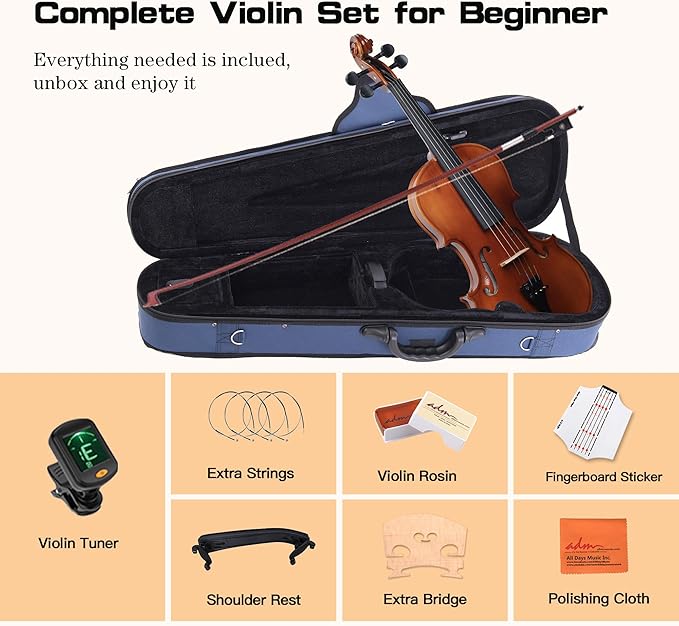 ADM 1/2 Size Wood Violin Set for Kids Teens Students Adults Beginner Acoustic Violin Matte Fiddle Starter Kit with Hard Case, Rosin, Shoulder Rest, Bow, Clip-on Tuner and Fingerboard Sticker