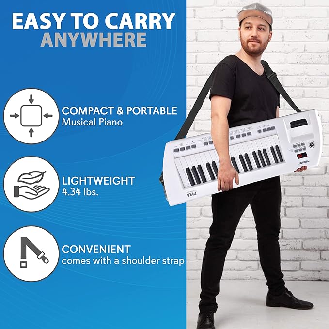 Pyle, Portable Digital Electronic Keyboard Piano 37 Keys with Microphone & Carry Strap, Built-in Sustain Controller, Rechargeable Battery-Karaoke Keyboard Compact Musical Keytar White