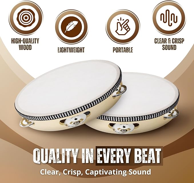 Flexzion Wood Handheld Tambourine 8" Inch Single Row 5 Pair Jingles (2 Pack, Wood) - Hand Held Percussion Drum Moon Musical Tambourine with Ergonomic Handle Grip