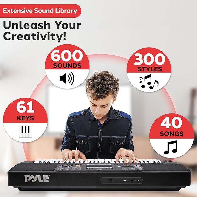Pyle 61-Key Digital Karaoke Keyboard Piano – Portable Electronic Music Keyboard with Stand, Stool, Mic Input, Stereo Speakers, Record & Playback, Teaching Functions & Case Bag