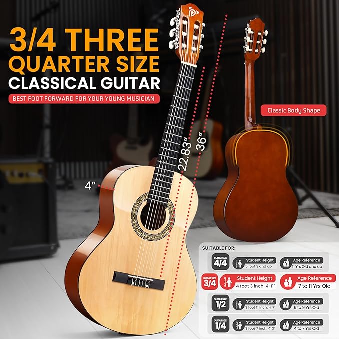 Pyle Beginner Acoustic Guitar Kit, 3/4 Junior Size All Wood Instrument for Kids, Adults, 36" Natural, Gloss