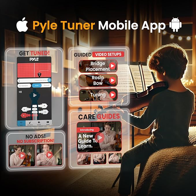 Pyle 1/2 Size Beginner Violin Starter Kit, Violin Starter Package with Travel Case & Bow, Extra Strings, Digital Tuner, Shoulder Rest & Cleaning Cloth for Students, Kids, Adults