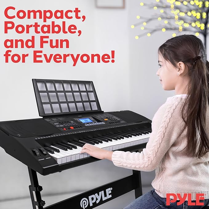 Pyle 61-Key Digital Karaoke Keyboard Piano – Portable Electronic Music Keyboard with Stand, Stool, Mic Input, Stereo Speakers, Record & Playback, Teaching Functions & Case Bag