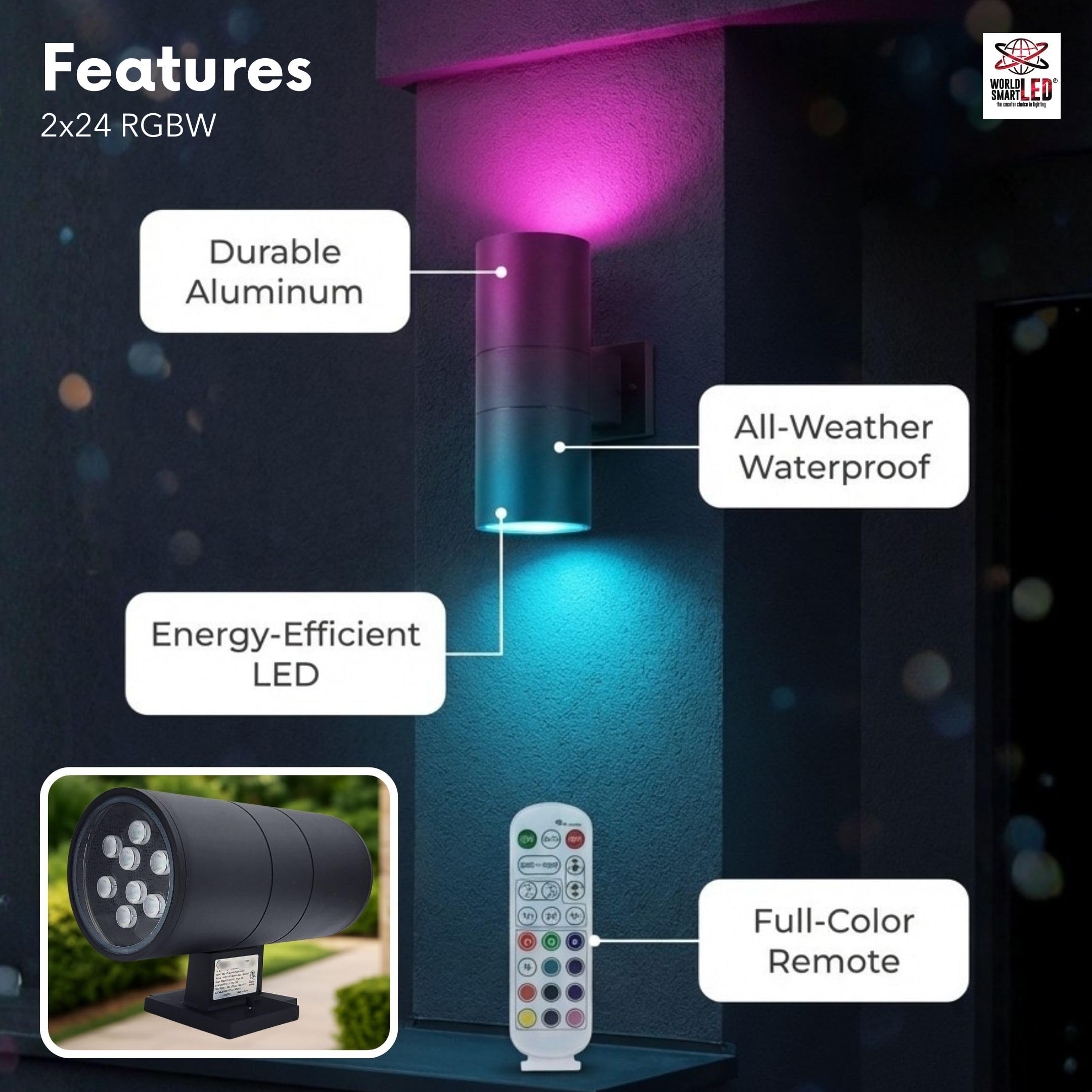 World Smart LED 24W RGBW Modern Outdoor Up Down Light - for Porch Patio Light | Aluminum Cylinder and Tempered Glass Cover | Waterproof Wall Sconce | Multicolor- 24W RGBW - 6000K Cool White
