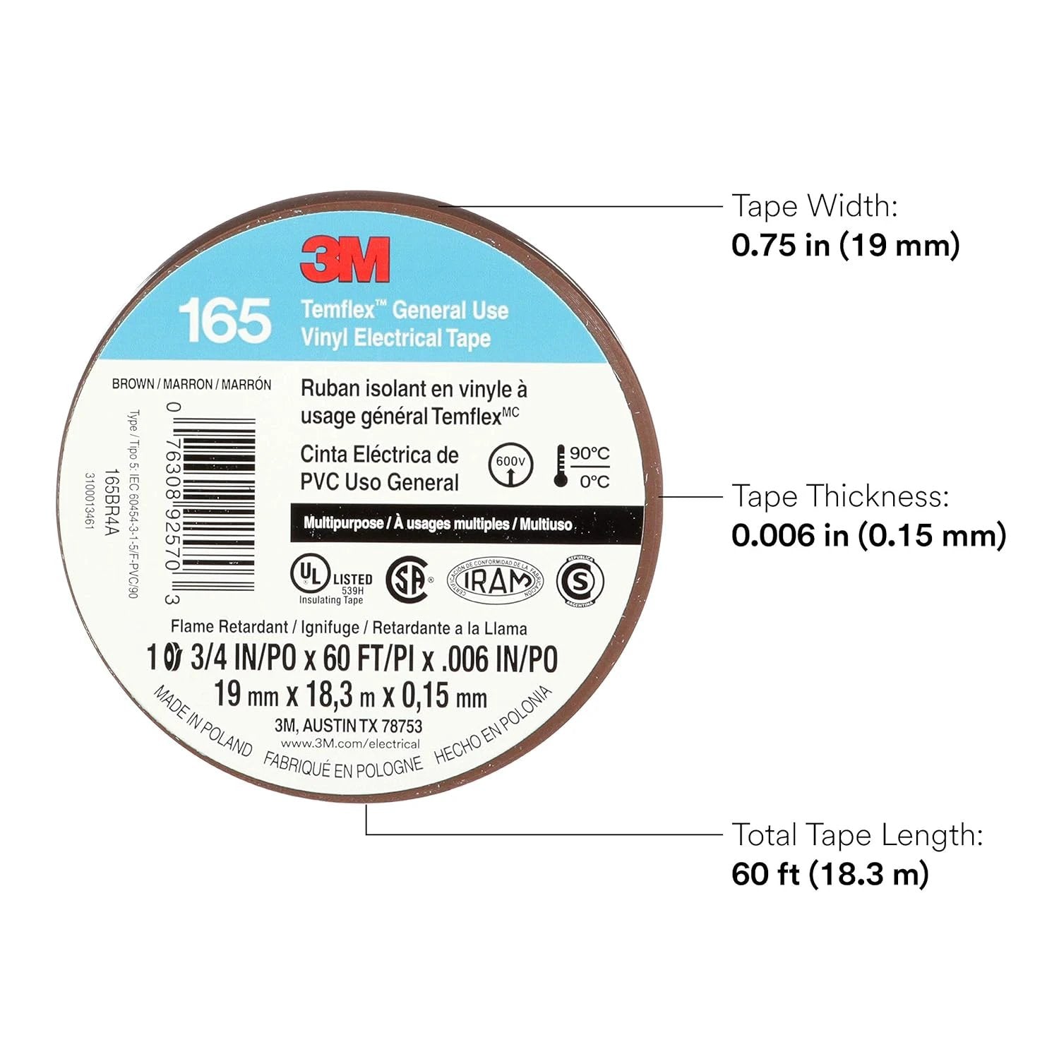 3M Temflex Electrical Tape 165, 3/4 In x 60 ft