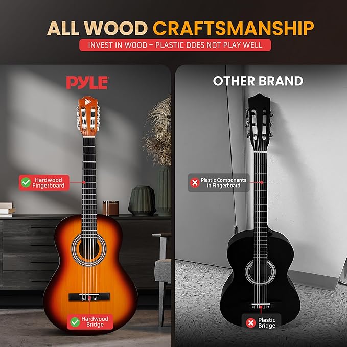 Pyle Beginner Acoustic Guitar Kit, 3/4 Junior Size All Wood Instrument for Kids, Adults, 36" Sun Burst, Gloss
