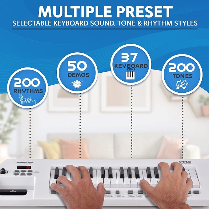 Pyle, Portable Digital Electronic Keyboard Piano 37 Keys with Microphone & Carry Strap, Built-in Sustain Controller, Rechargeable Battery-Karaoke Keyboard Compact Musical Keytar White
