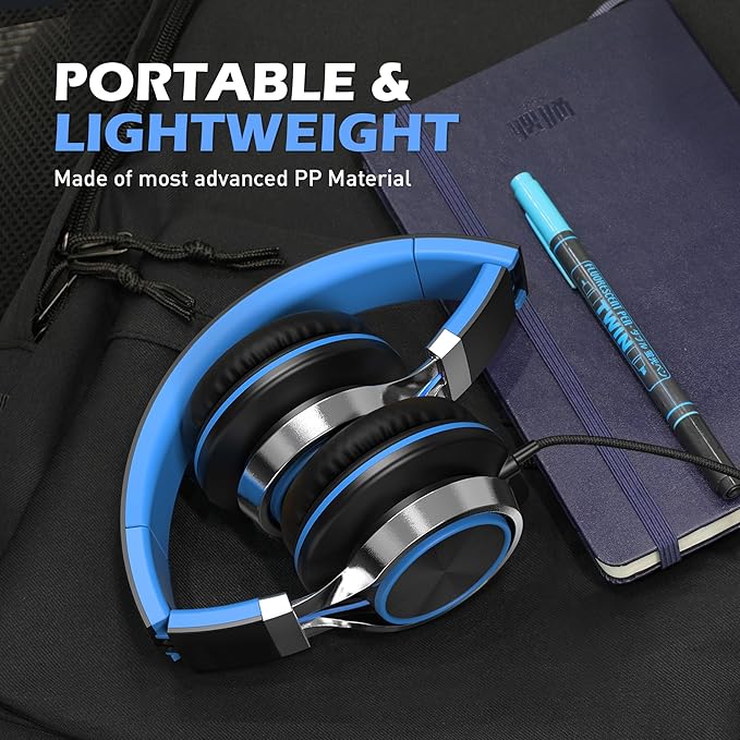 AILIHEN C8 Headphones Wired, On-Ear Kids Headphones with Microphone and Volume Control Foldable Corded Stereo 3.5mm Headset for School Teens Smartphones Chromebook Laptop Tablets Travel (Black Blue)