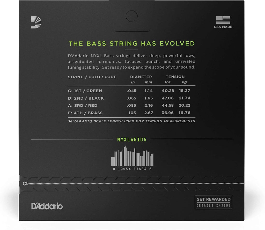 D'Addario NYXL45105 NYXL Bass Strings, 45-105 Regular Light, Top/Medium Bottom, Long Scale