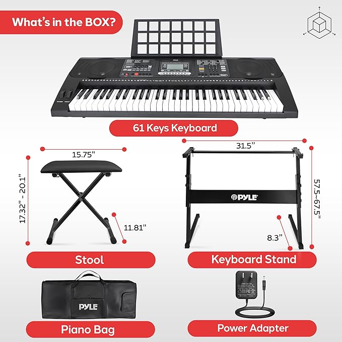 Pyle 61-Key Digital Karaoke Keyboard Piano – Portable Electronic Music Keyboard with Stand, Stool, Mic Input, Stereo Speakers, Record & Playback, Teaching Functions & Case Bag