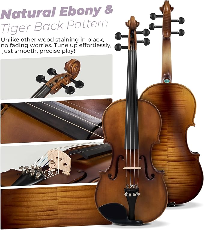 Vangoa Violin 4/4 Full Set Size, Fiddle Solid Spruce Wood Tiger Pattern for Professional Advanced Intermediate Beginners Adults Student Starter Acoustic Violins Kit Outfit Ebony Fittings, Hard Case