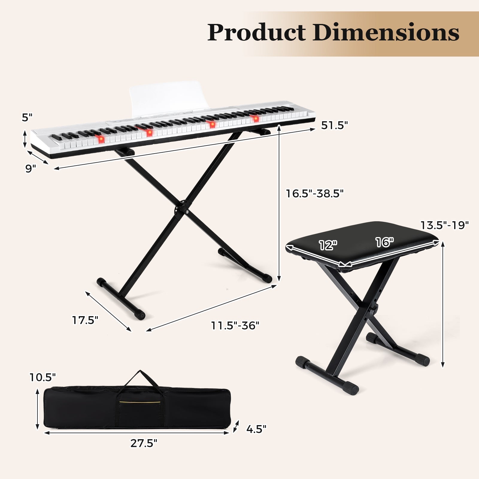 88-Key Electric Piano Keyboard with Adjustable Stand and Portable Bag