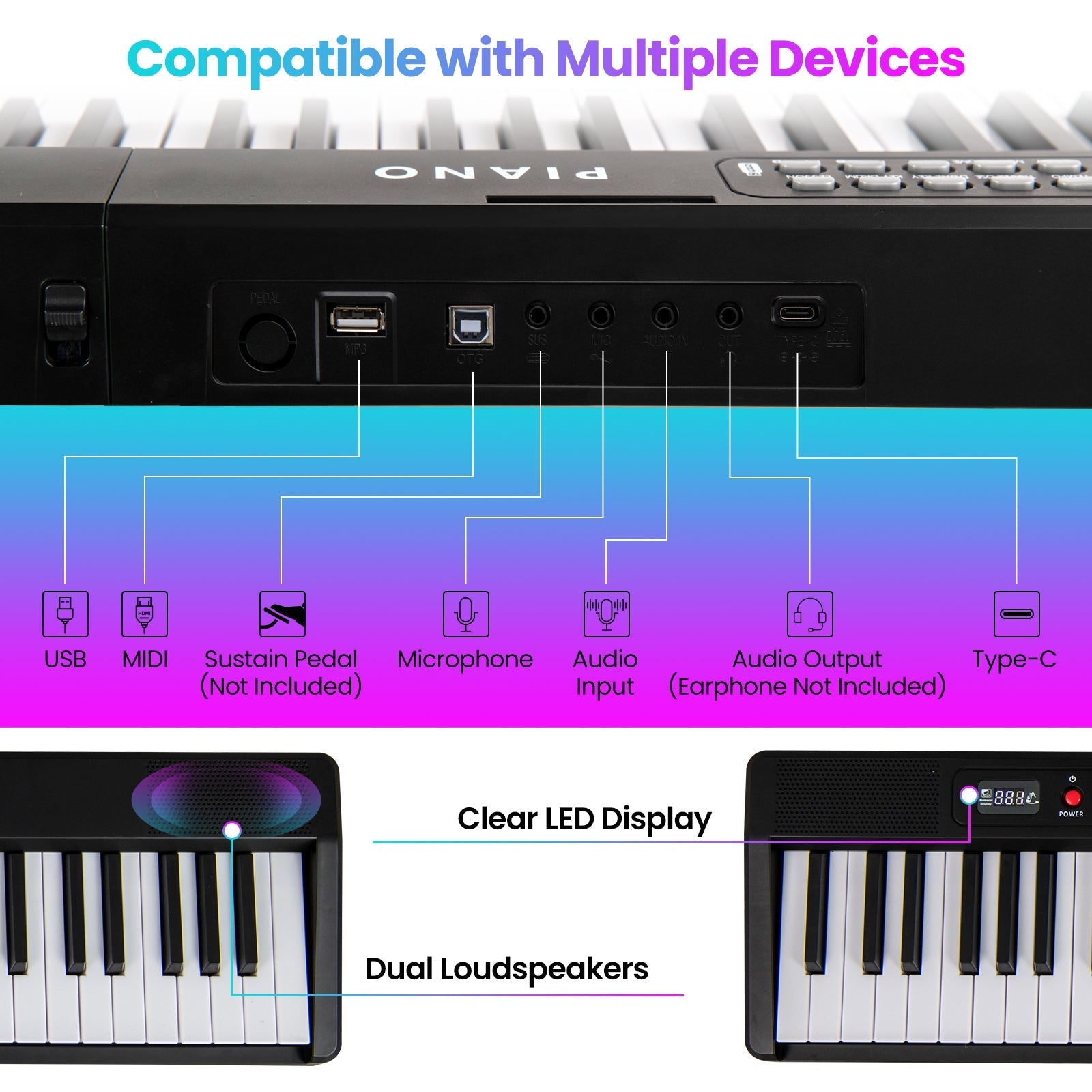 88 Key Foldable Electric Keyboard Piano with Wireless MIDI and Dual Speakers