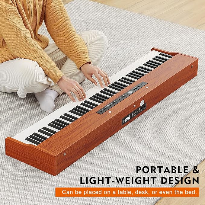 MUSTAR Digital Piano 88 Weighted Keys with Stand Touch Sensitivity, 88 Key Semi Weighted Keyboard Piano Portable Electric Piano for Beginners, Dual Stereo Speakers, Case, Sustain Pedal (Brown-MDF)