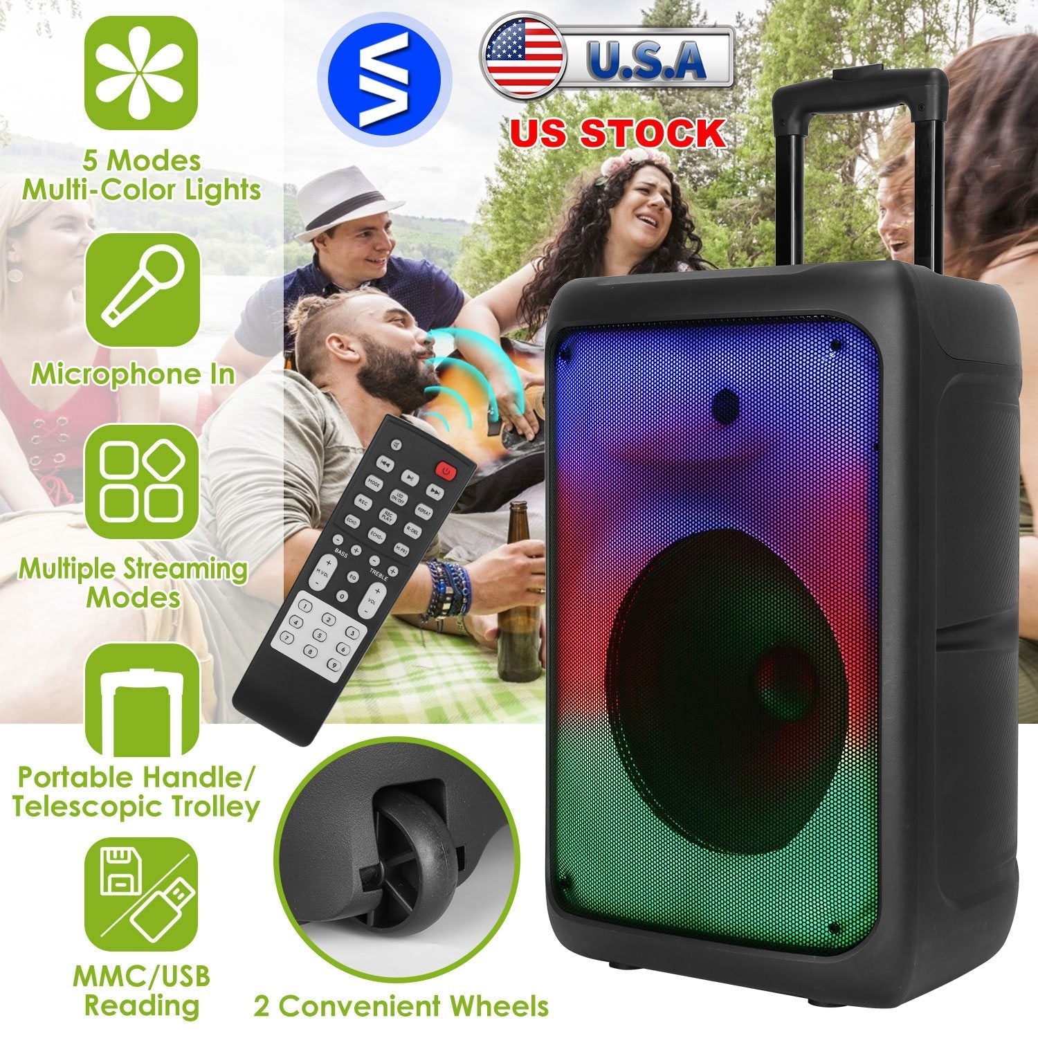 Portable Wireless Party Speaker Party Speaker with with 5 Colorful Lighting Modes TWS FM USB MMC Slot Aux In Recording Mic Priority Trolley Handle 2 W