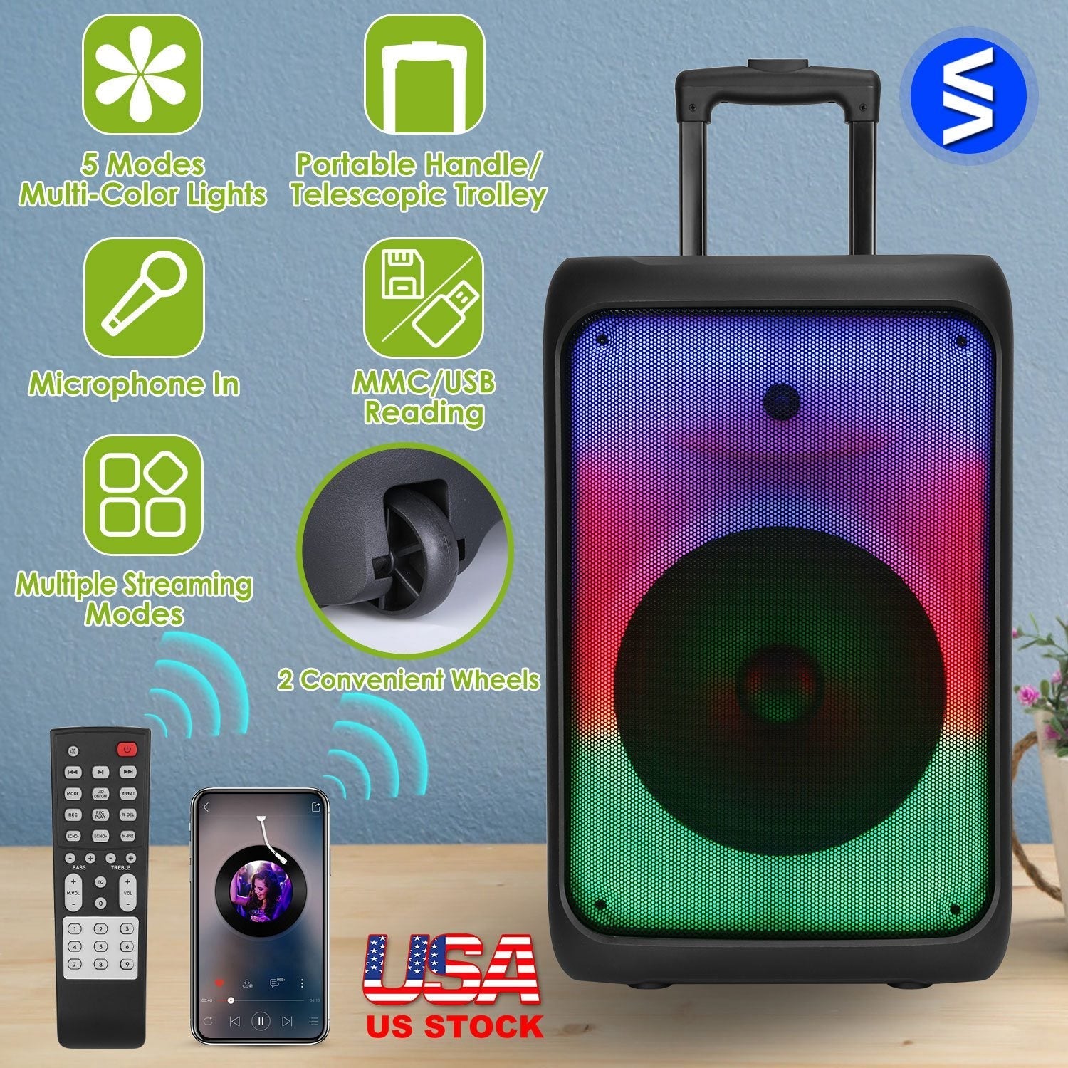 Portable Wireless Party Speaker Party Speaker with with 5 Colorful Lighting Modes TWS FM USB MMC Slot Aux In Recording Mic Priority Trolley Handle 2 W