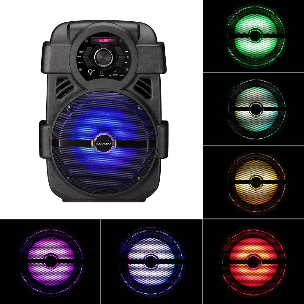 KOCASO Wireless Speaker Portable PA Karaoke System with 8" Subwoofer Sound System Wired Microphone w/ DJ Lights FM Remote Control