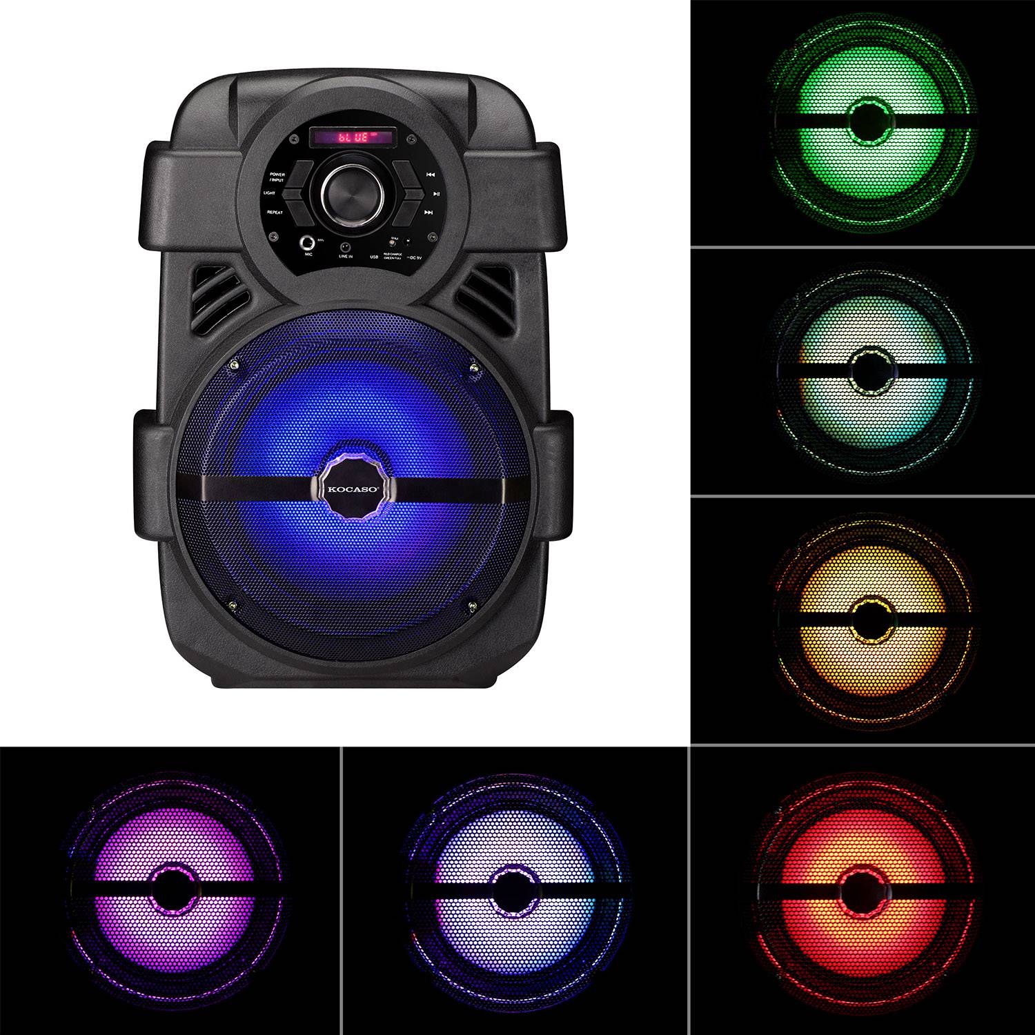 KOCASO Wireless Speaker Portable PA Karaoke System with 8" Subwoofer Sound System Wired Microphone w/ DJ Lights FM Remote Control