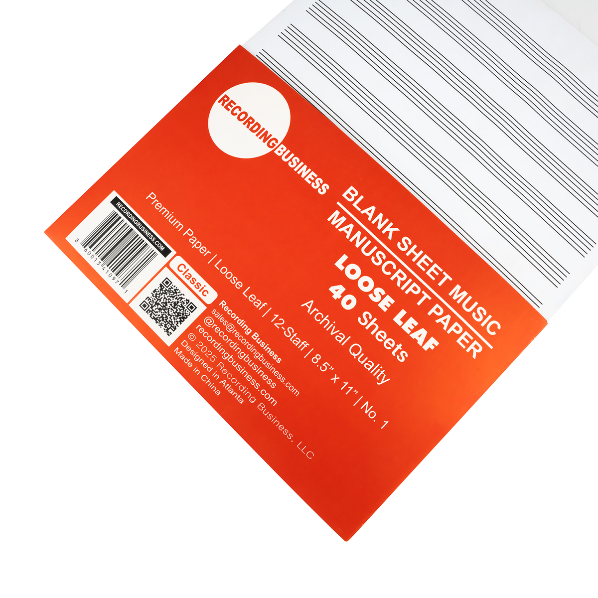 Blank Sheet Music - Manuscript Paper (40 Sheets) LOOSE LEAF 12-Staff Paper