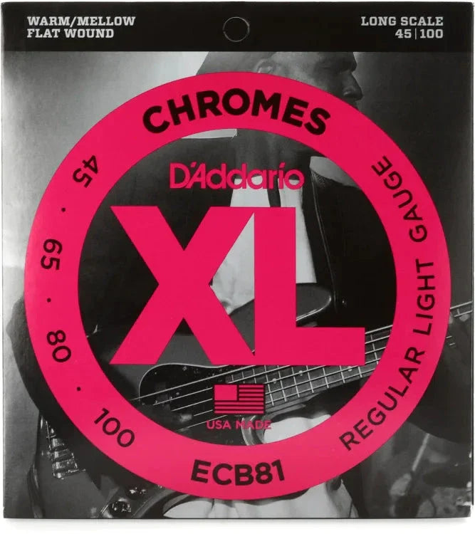 D'Addario ECB81 XL Chromes Flatwound Bass Guitar Strings -.045-.100 Regular Light, Long Scale