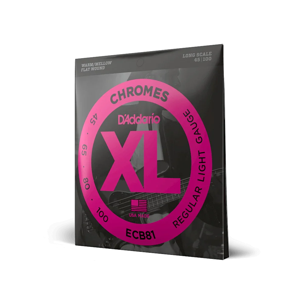 D'Addario ECB81 XL Chromes Flatwound Bass Guitar Strings -.045-.100 Regular Light, Long Scale