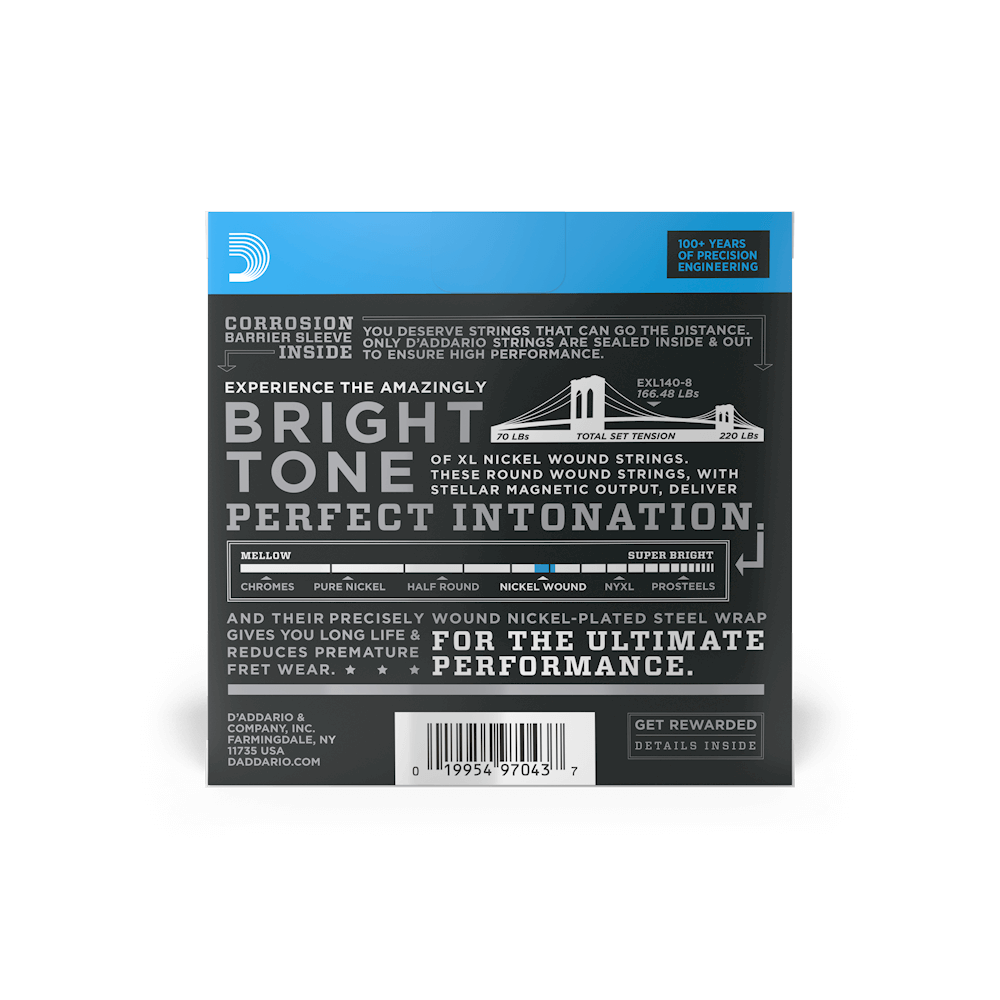 D’Addario EXL140-8 XL Nickel Electric Guitar Strings – 10-74 Light Top / Heavy Bottom (8-String)