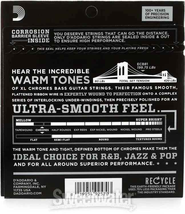 D'Addario ECB81 XL Chromes Flatwound Bass Guitar Strings -.045-.100 Regular Light, Long Scale