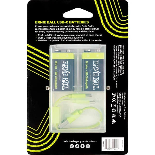 Ernie Ball USB-C Rechargeable Battery by Paleblue - 9V, 2-pack