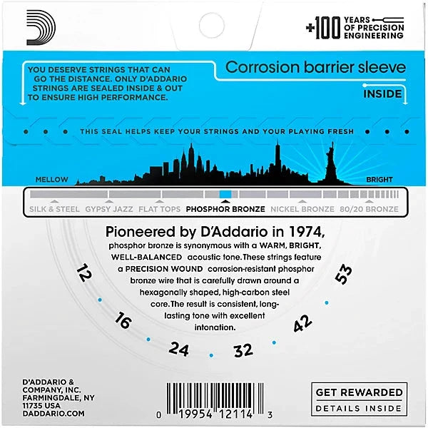 D'Addario EJ16 Phosphor Bronze Acoustic Guitar Strings, 12-53 Light