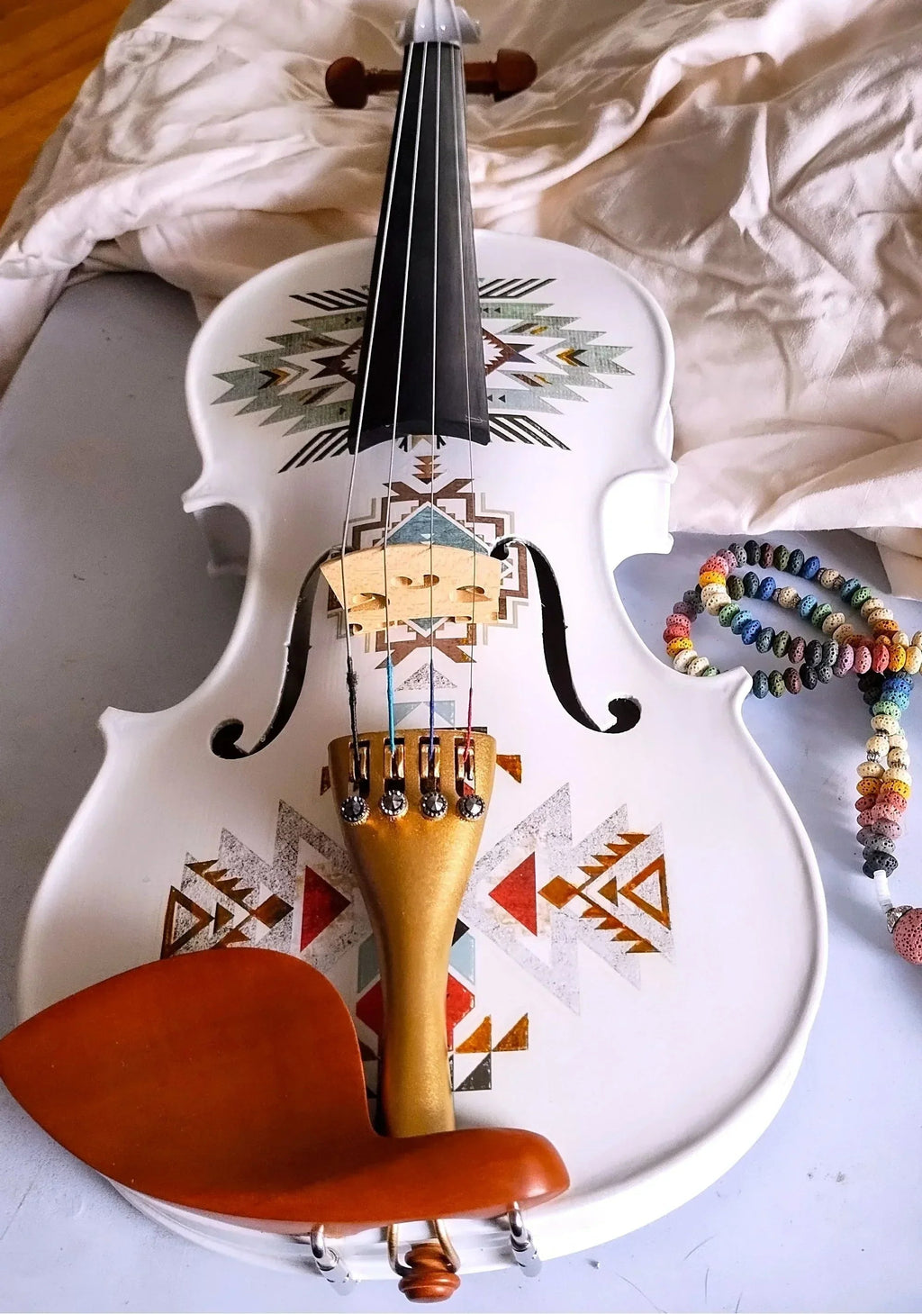 Native American Spirit Violin Outfit | Robin Egg Blue & Gold Motif, Crystal Tuners
