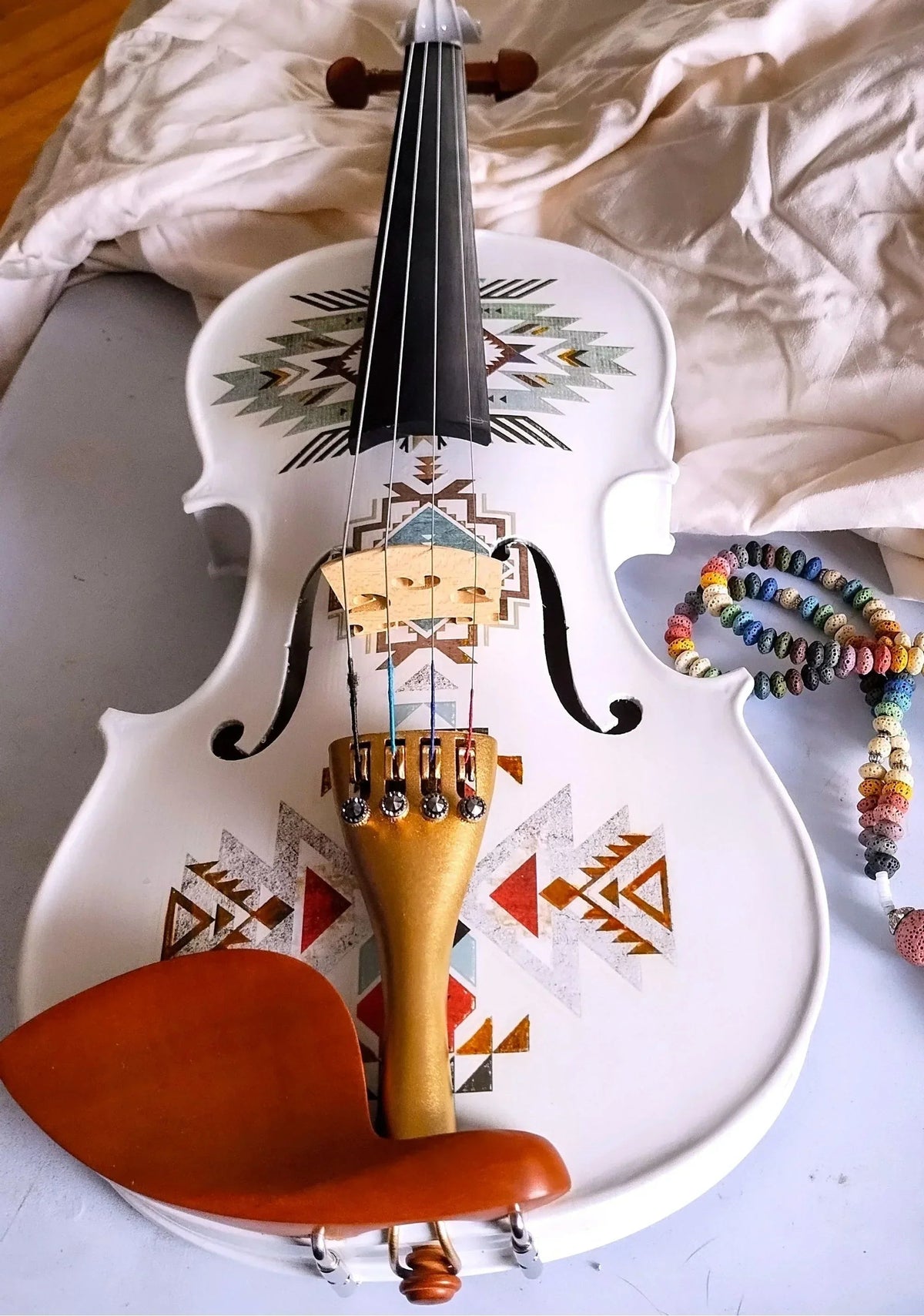 Native American Spirit Violin Outfit | Robin Egg Blue & Gold Motif, Crystal Tuners