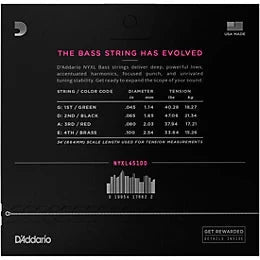 D'Addario NYXL45100  NYXL Bass Strings, 45-100 Regular Light, Long Scale