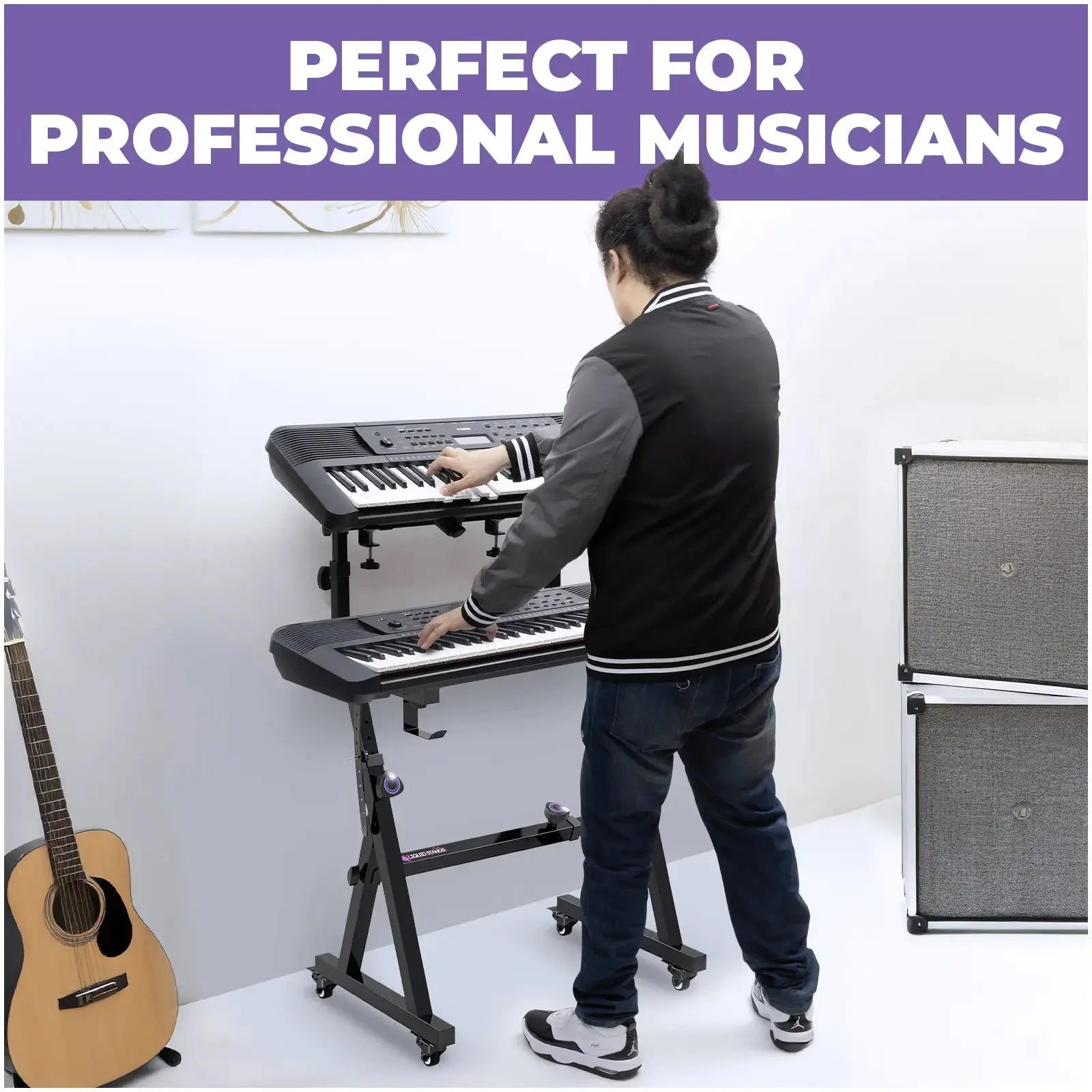 Dual Piano Keyboard Stand w/ Wheels and 2nd Tier - Rolling Z Style Adjustable