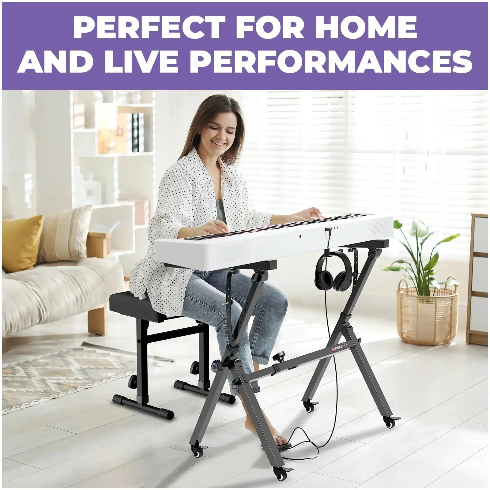 Foldable Piano Keyboard Stand w/ Wheels and Bench Set