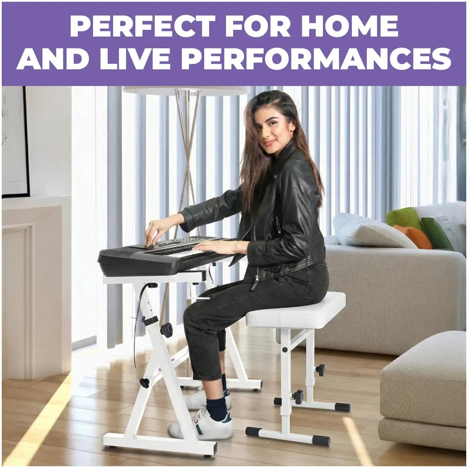 Adjustable White Z Style Keyboard Stand and White Keyboard bench